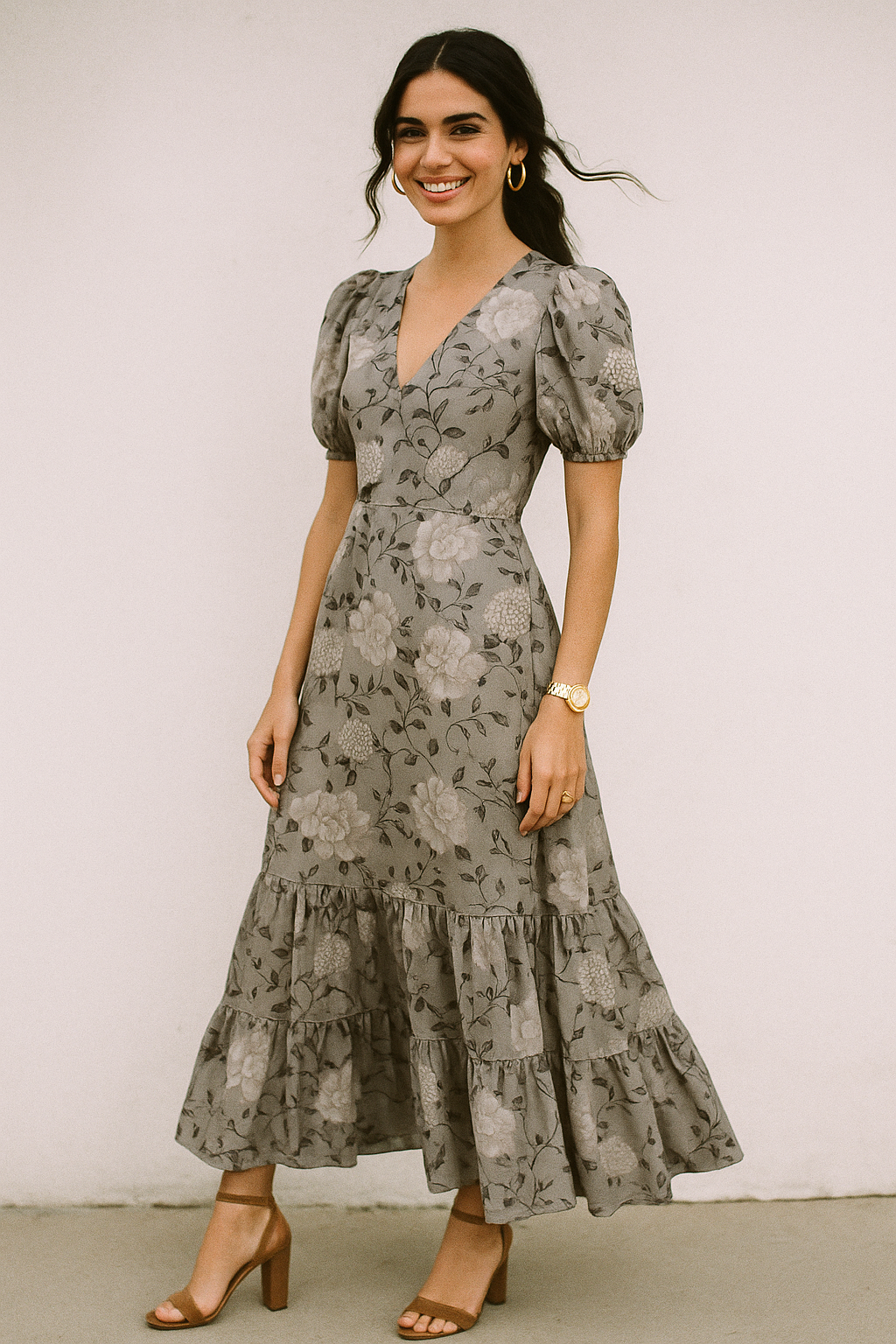 Grayish Orange Roses With Brown Valley Digital Printed Fabric - Crepe