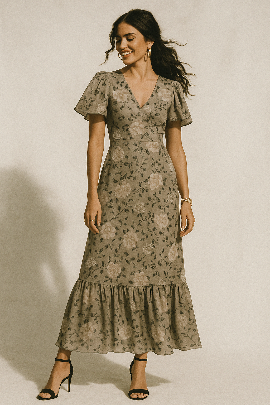 Grayish Orange Roses With Brown Valley Digital Printed Fabric - Crepe