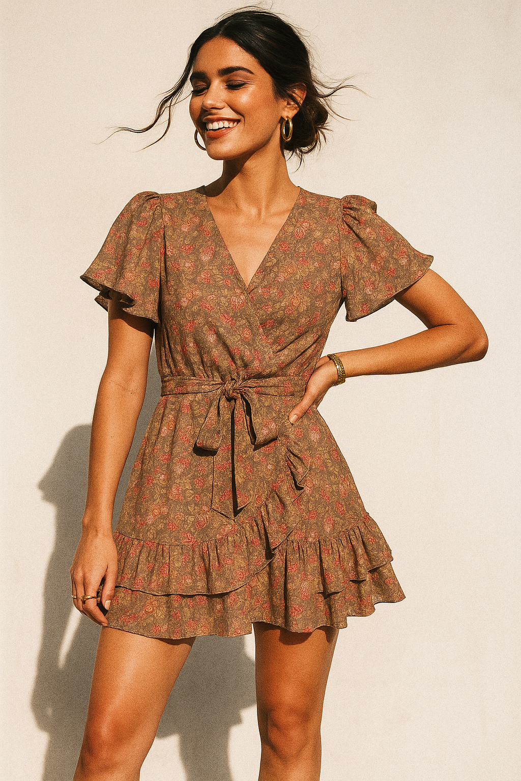 Decorative Leaves With Chiku Brown Digital Printed Fabric - Crepe