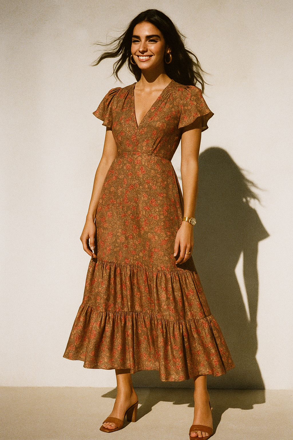 Decorative Leaves With Chiku Brown Digital Printed Fabric - Crepe