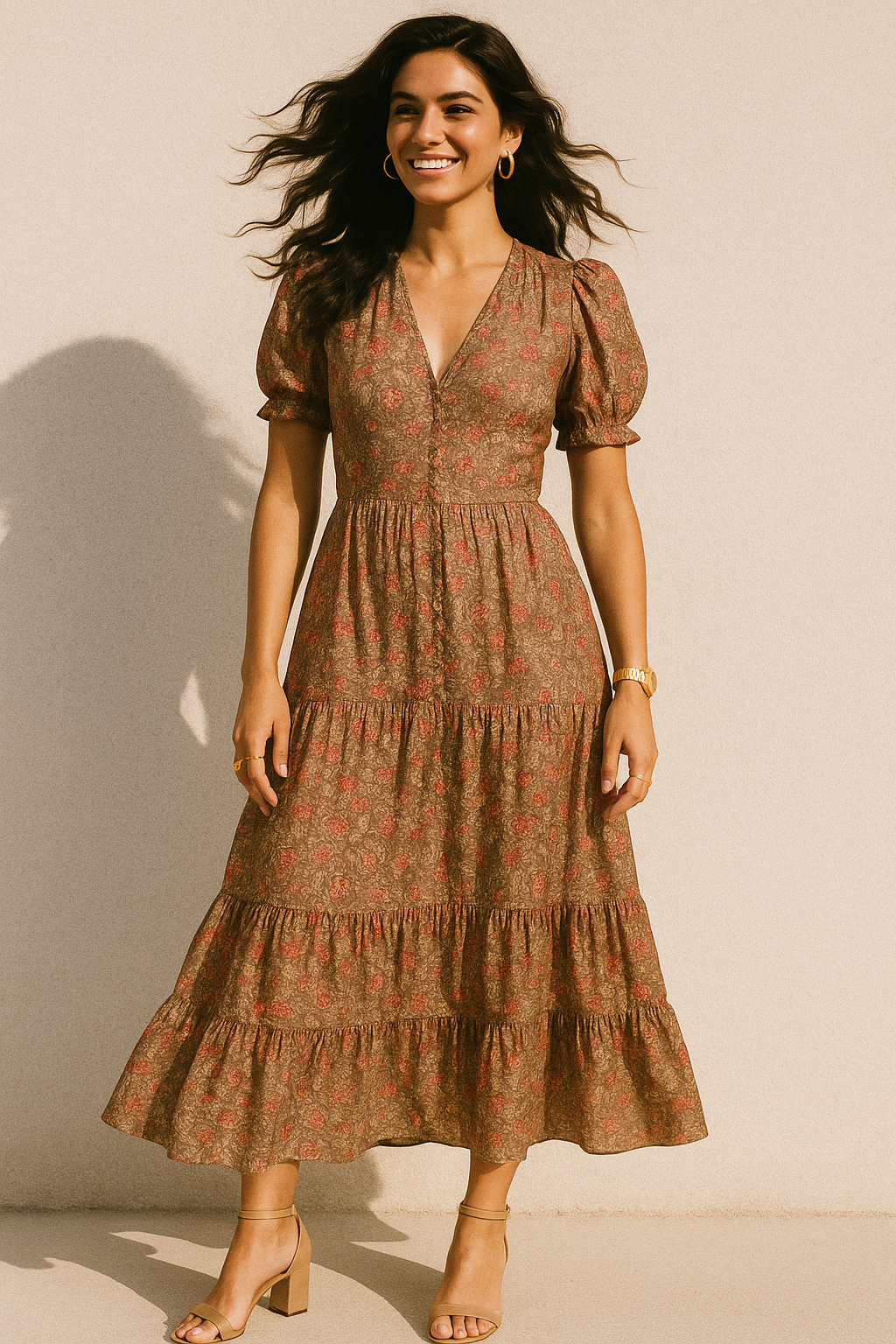 Decorative Leaves With Chiku Brown Digital Printed Fabric - Crepe