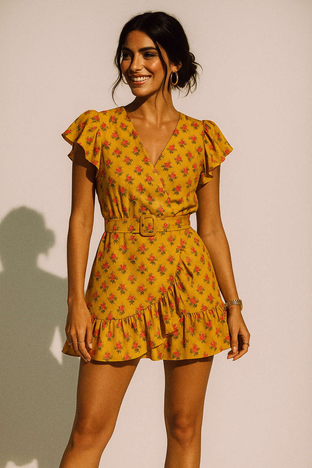 Pink Tiny Flower With Yellow Digital Printed Fabric - Crepe