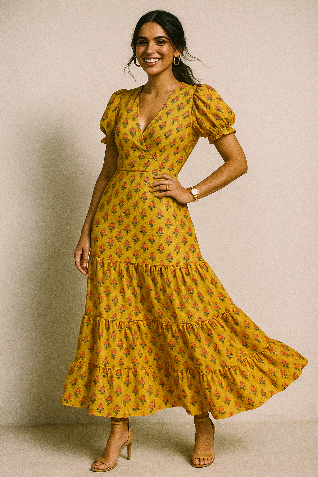 Pink Tiny Flower With Yellow Digital Printed Fabric - Crepe