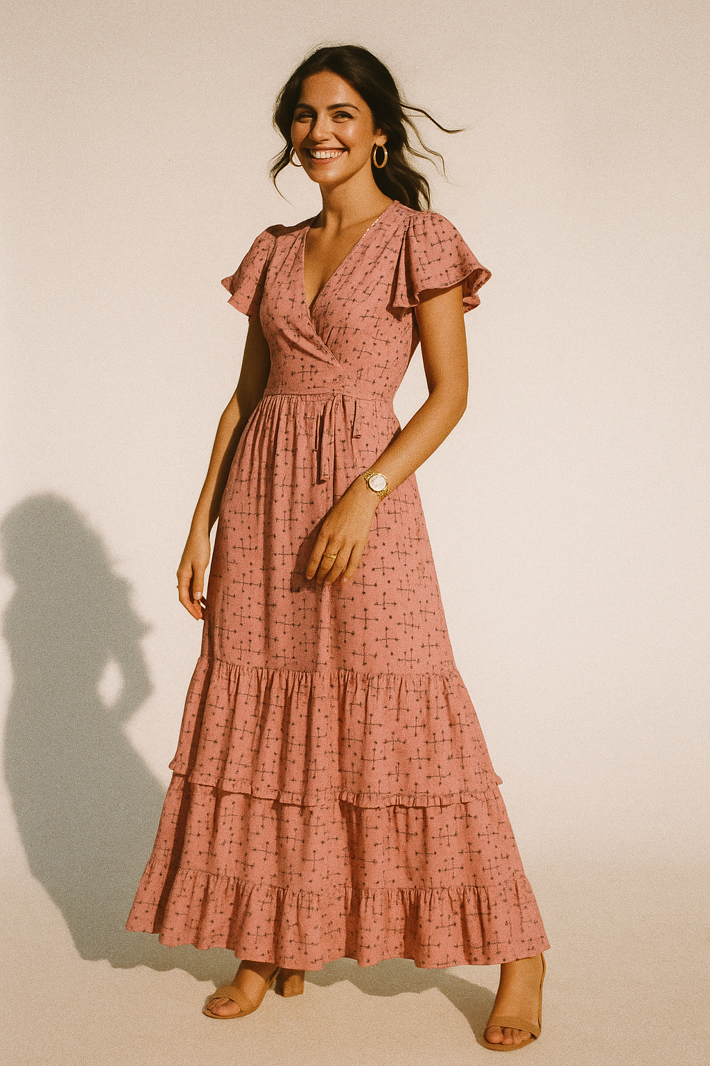 Peach Coloured Logical Abstract Motif Digital Printed Fabric  - Crepe