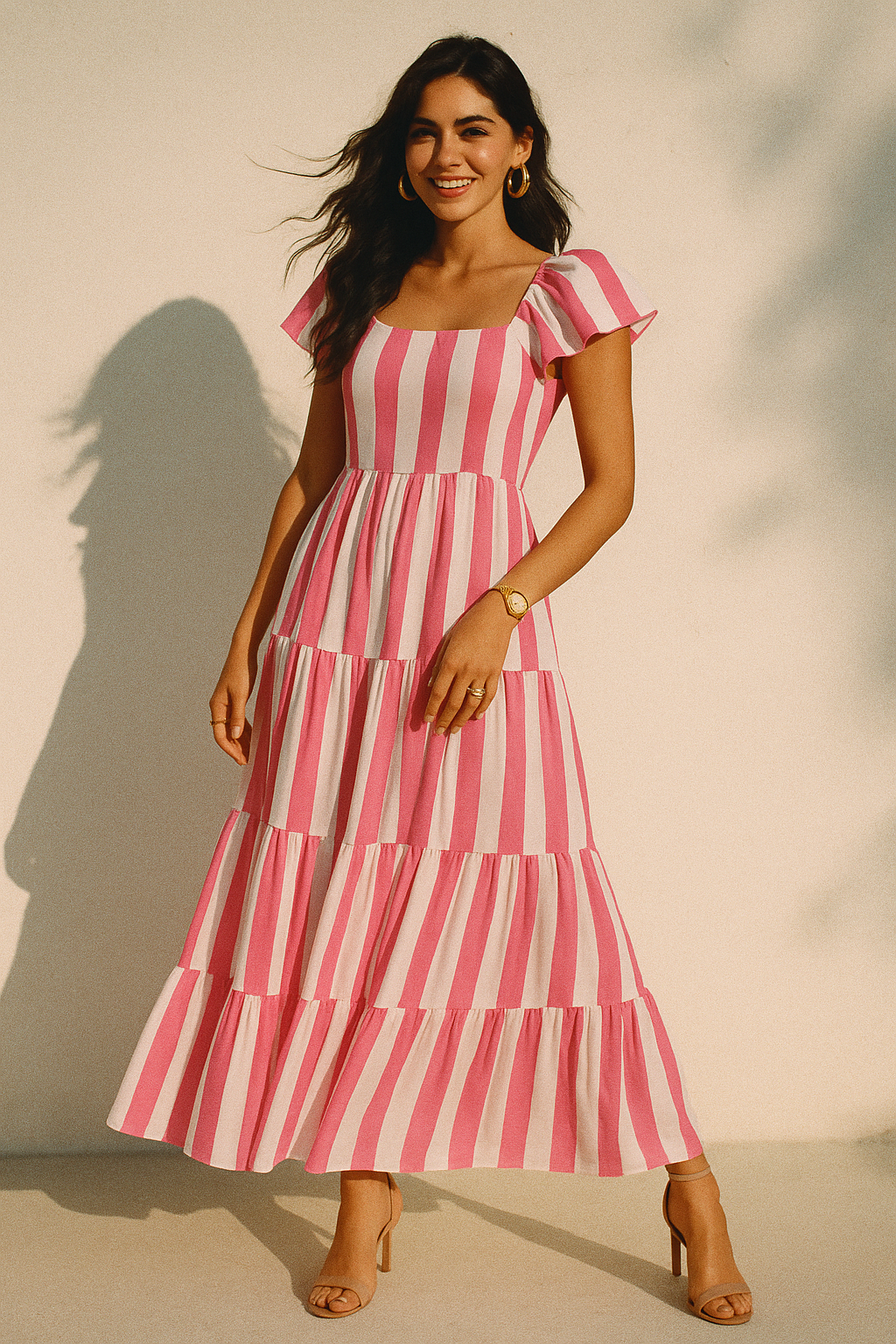 Peach And Pink Stripes Digital Printed Fabric  - Crepe