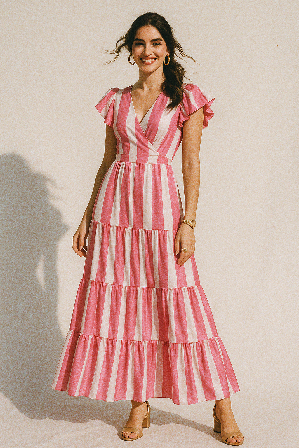 Peach And Pink Stripes Digital Printed Fabric  - Crepe