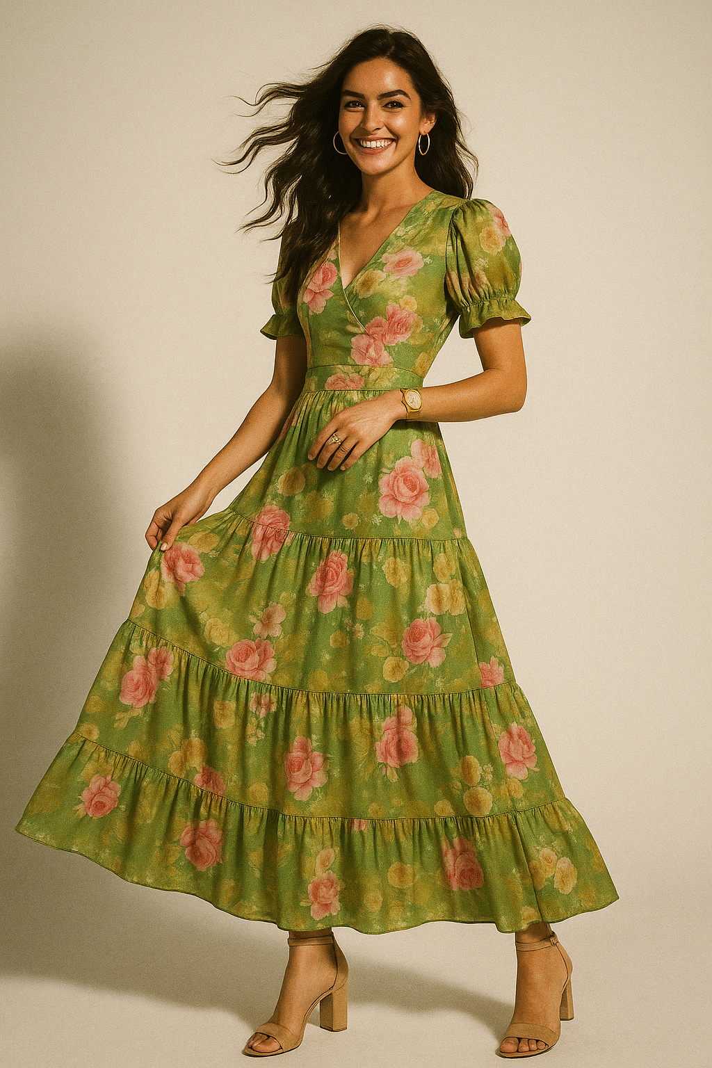 Pink Rose On Green Palate Digital Printed Fabric  - Crepe