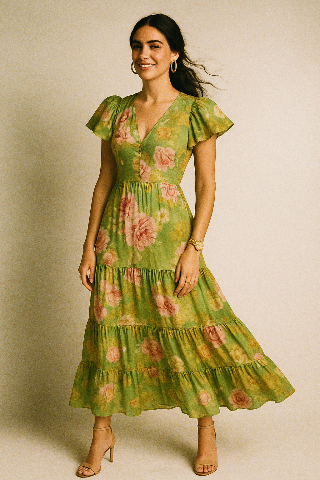 Pink Rose On Green Palate Digital Printed Fabric  - Crepe