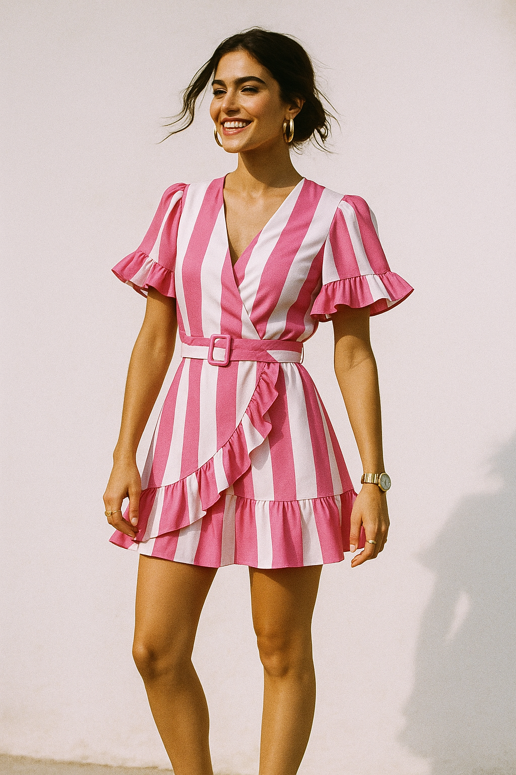 Peach And Pink Stripes Digital Printed Fabric  - Crepe