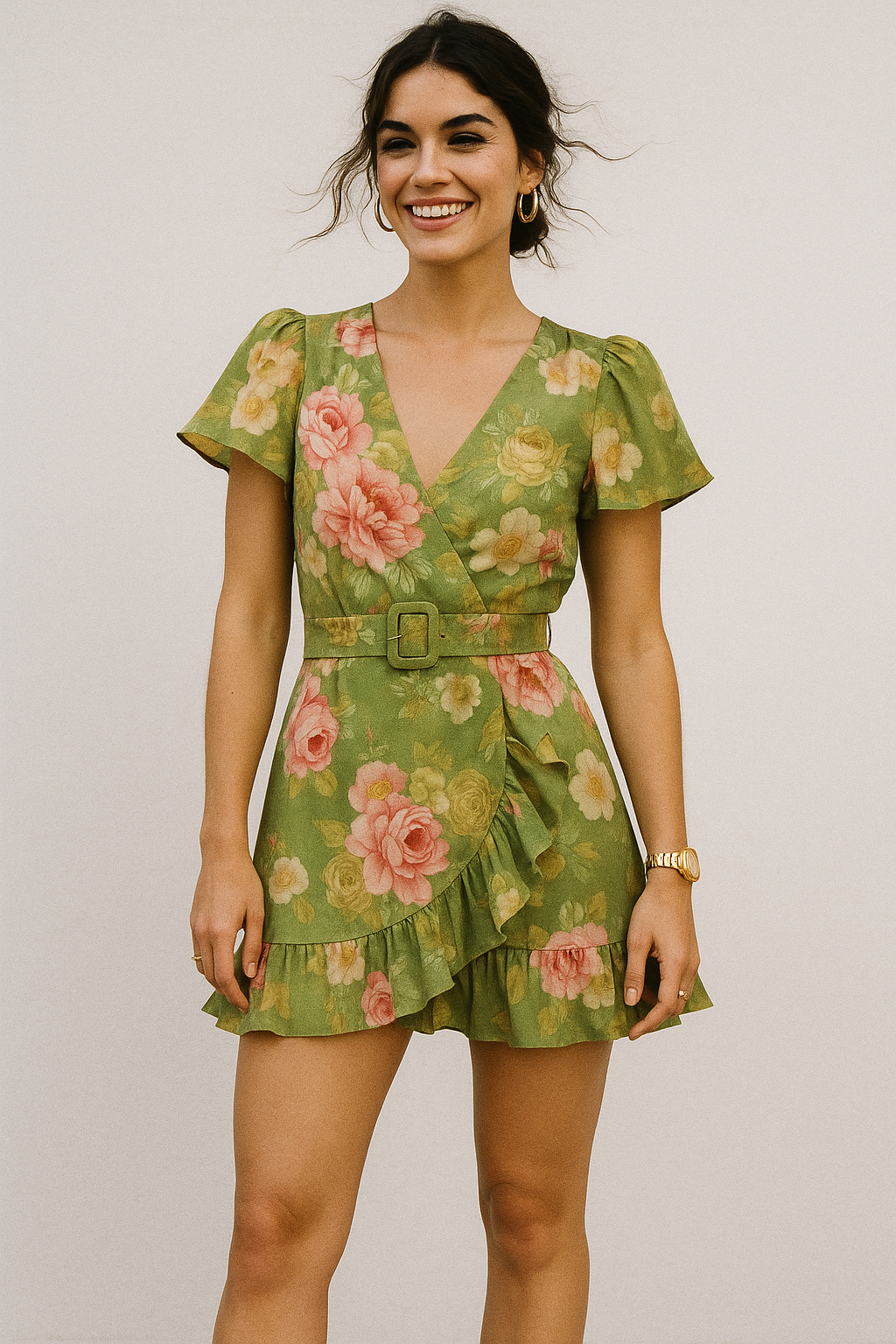 Pink Rose On Green Palate Digital Printed Fabric  - Crepe