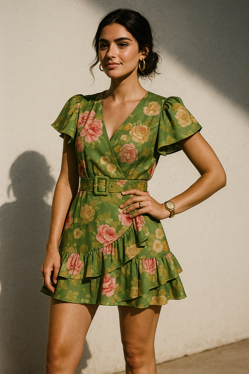 Pink Rose On Green Palate Digital Printed Fabric  - Crepe