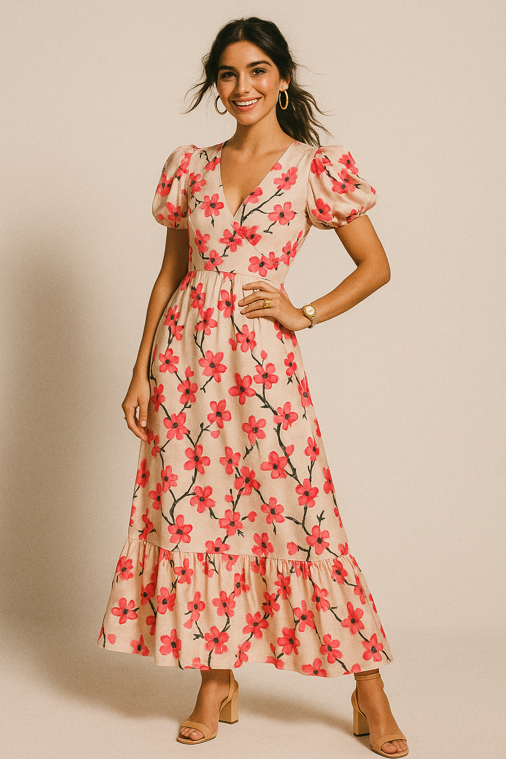 Cherry Red Flower With Branch Digital Printed Fabric  - Crepe