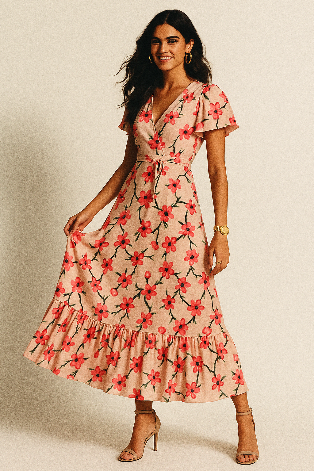 Cherry Red Flower With Branch Digital Printed Fabric  - Crepe