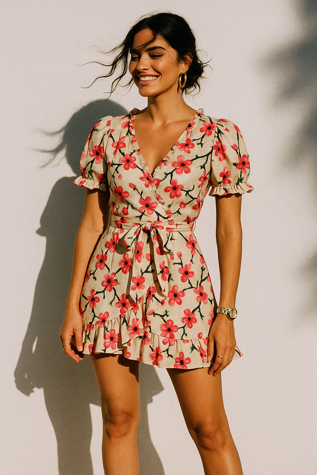 Cherry Red Flower With Branch Digital Printed Fabric  - Crepe