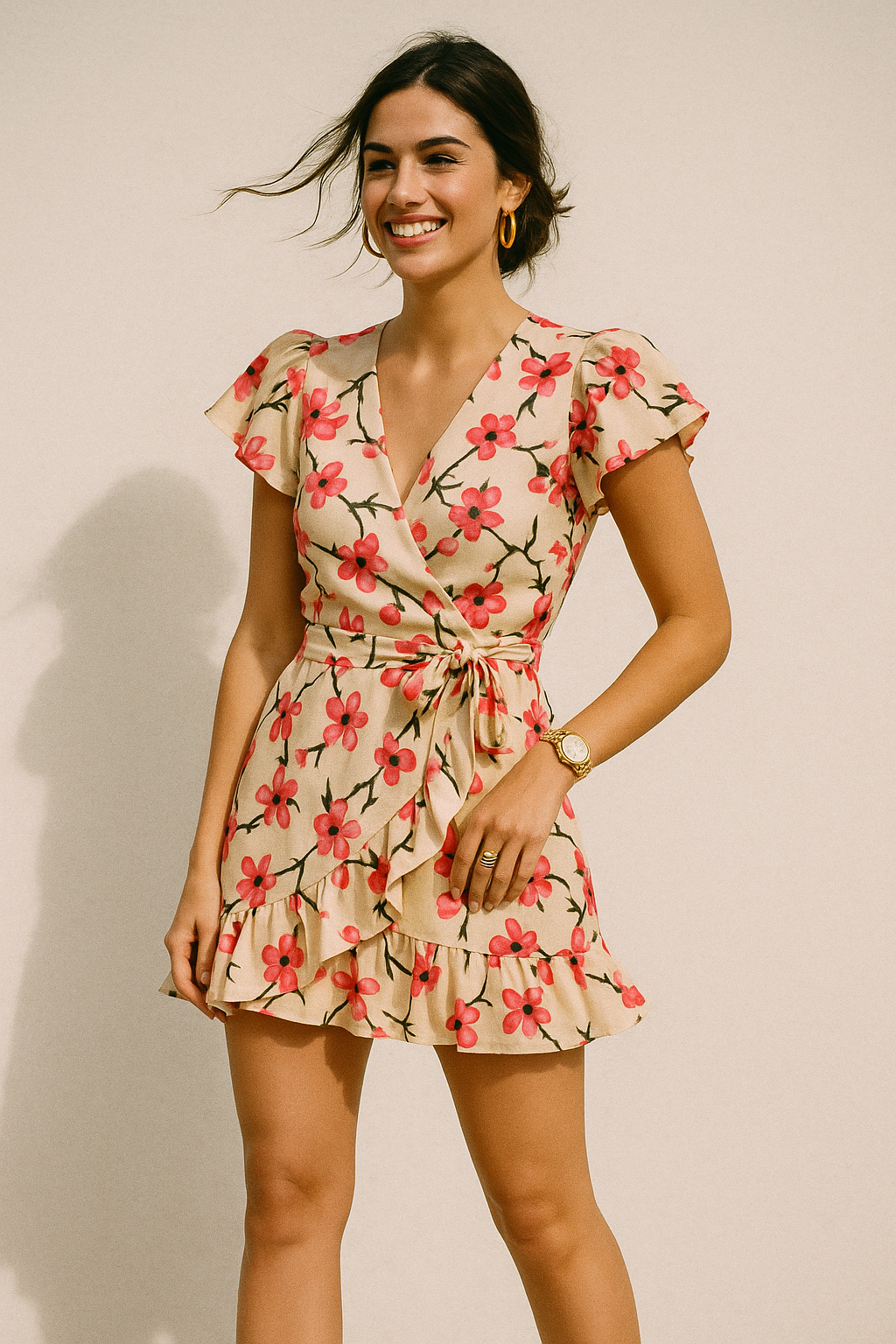 Cherry Red Flower With Branch Digital Printed Fabric  - Crepe