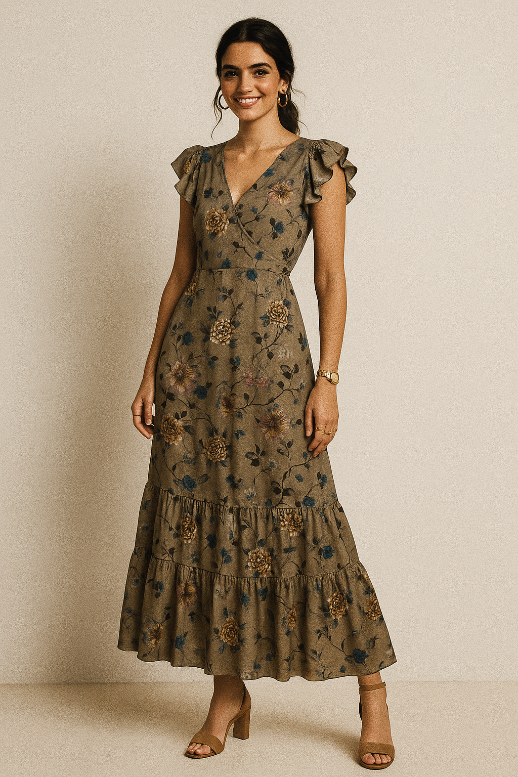 Coffee Grey Flower With Branch Digital Printed Fabric  - Crepe