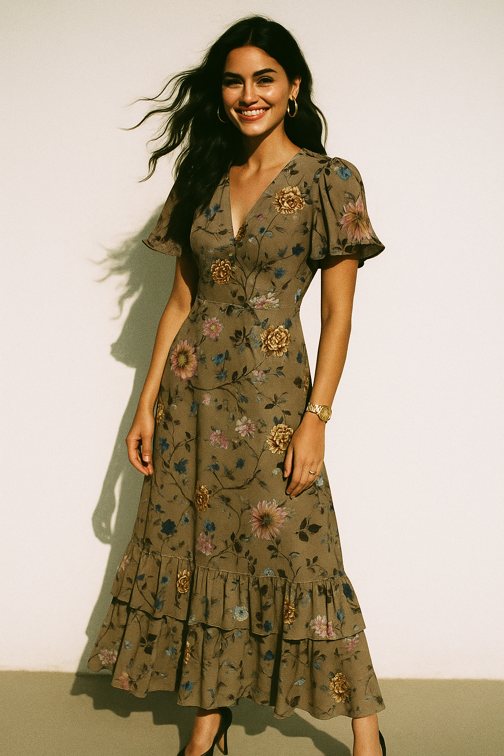 Coffee Grey Flower With Branch Digital Printed Fabric  - Crepe