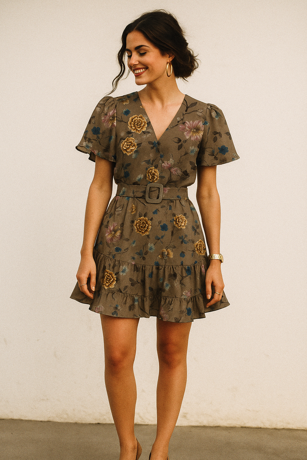 Coffee Grey Flower With Branch Digital Printed Fabric  - Crepe