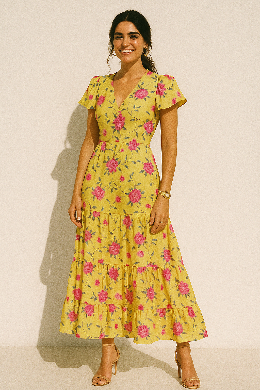 Pink Flower On Lemon Yellow Digital Printed Fabric  - Crepe