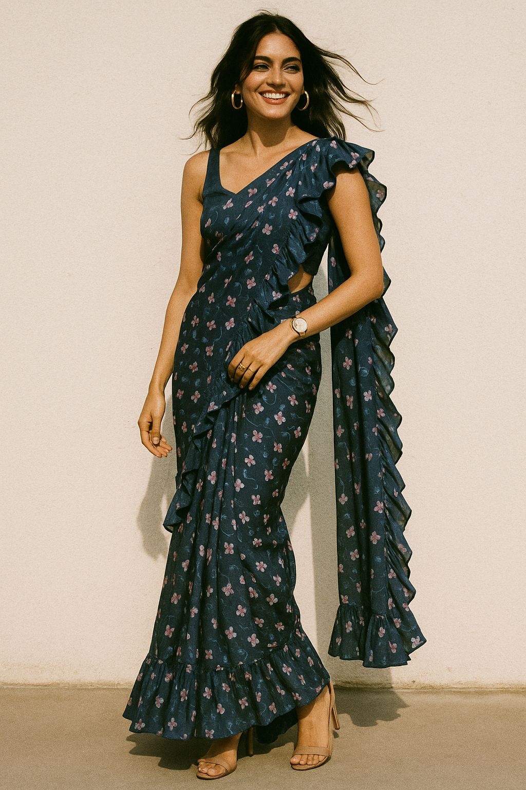 Flowers Floating over Blue Base Digital Printed Fabric