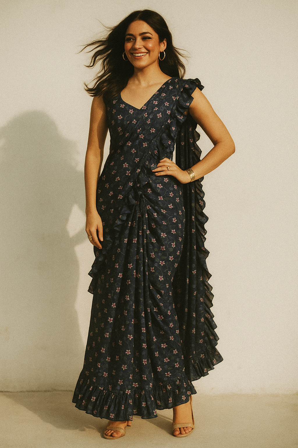 Flowers Floating over Blue Base Digital Printed Fabric