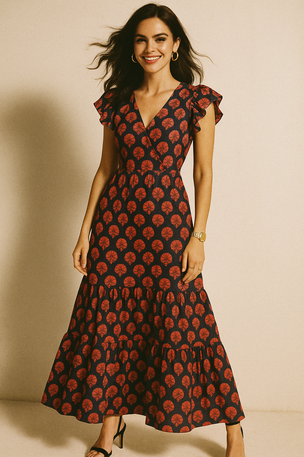 Beautiful Red Floral Over Dark Blue Base Printed Fabric