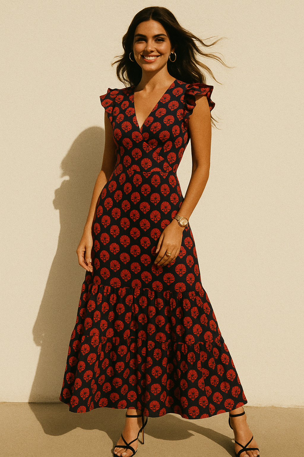 Beautiful Red Floral Over Dark Blue Base Printed Fabric