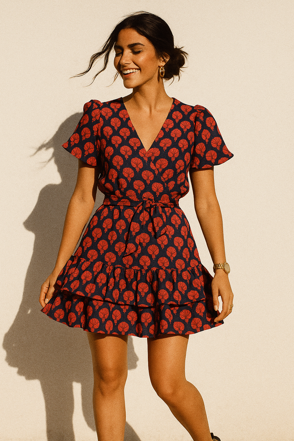 Beautiful Red Floral Over Dark Blue Base Printed Fabric