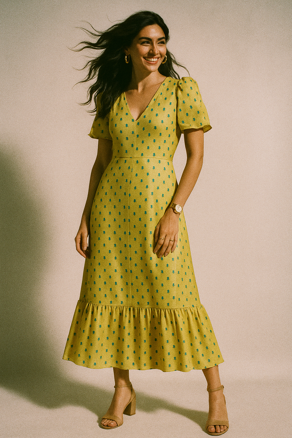 Lemon Yellow Small And Single Motif Allover Digital Printed Fabric - Crepe