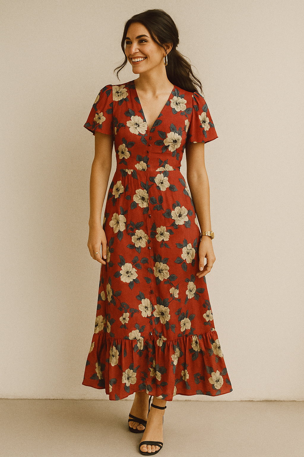 Red And White Flower Digital Printed Fabric - Crepe