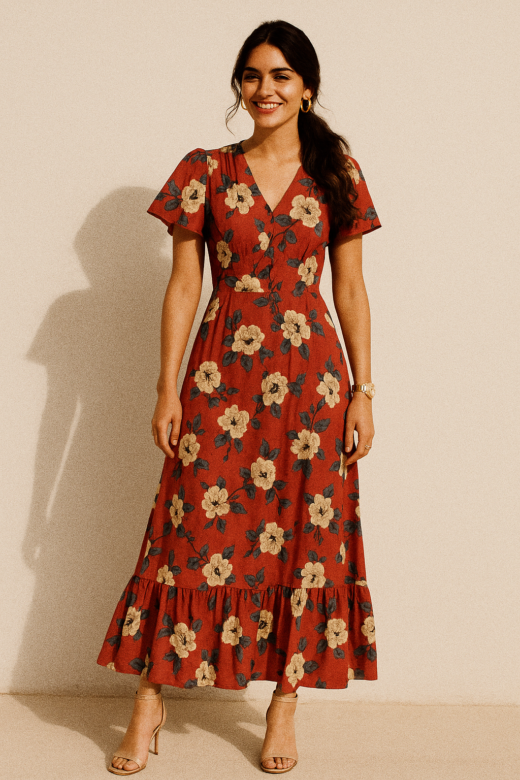 Red And White Flower Digital Printed Fabric - Crepe