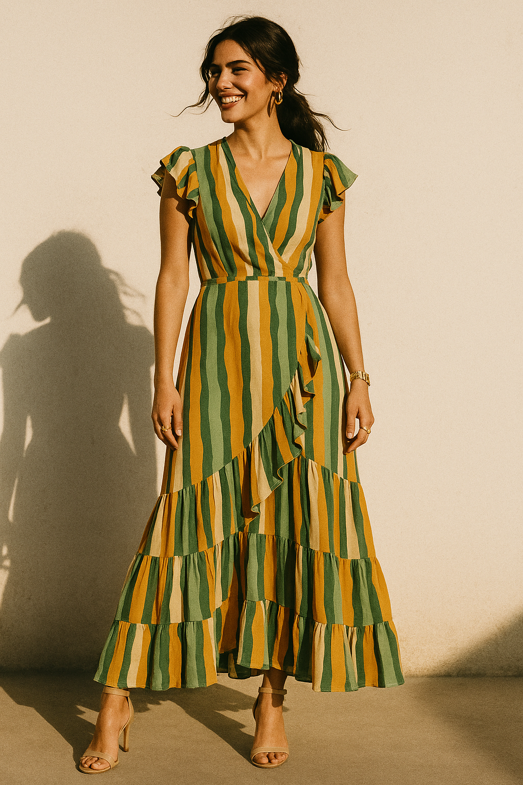 Yellow Green Stripes Digital Printed Fabric - Crepe