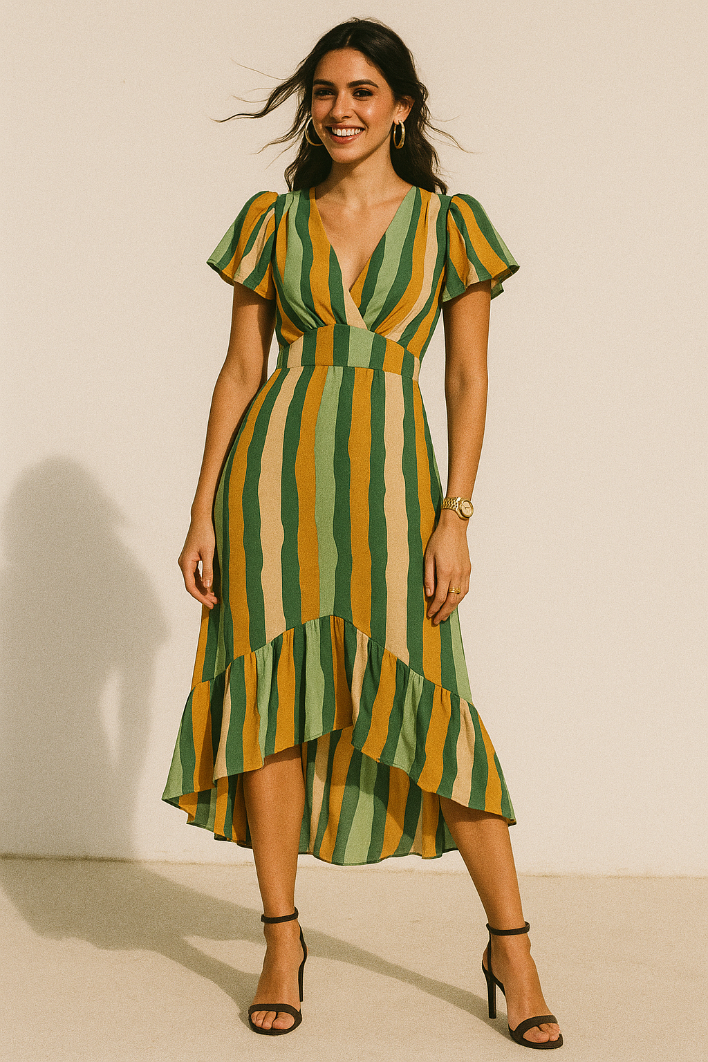 Yellow Green Stripes Digital Printed Fabric - Crepe