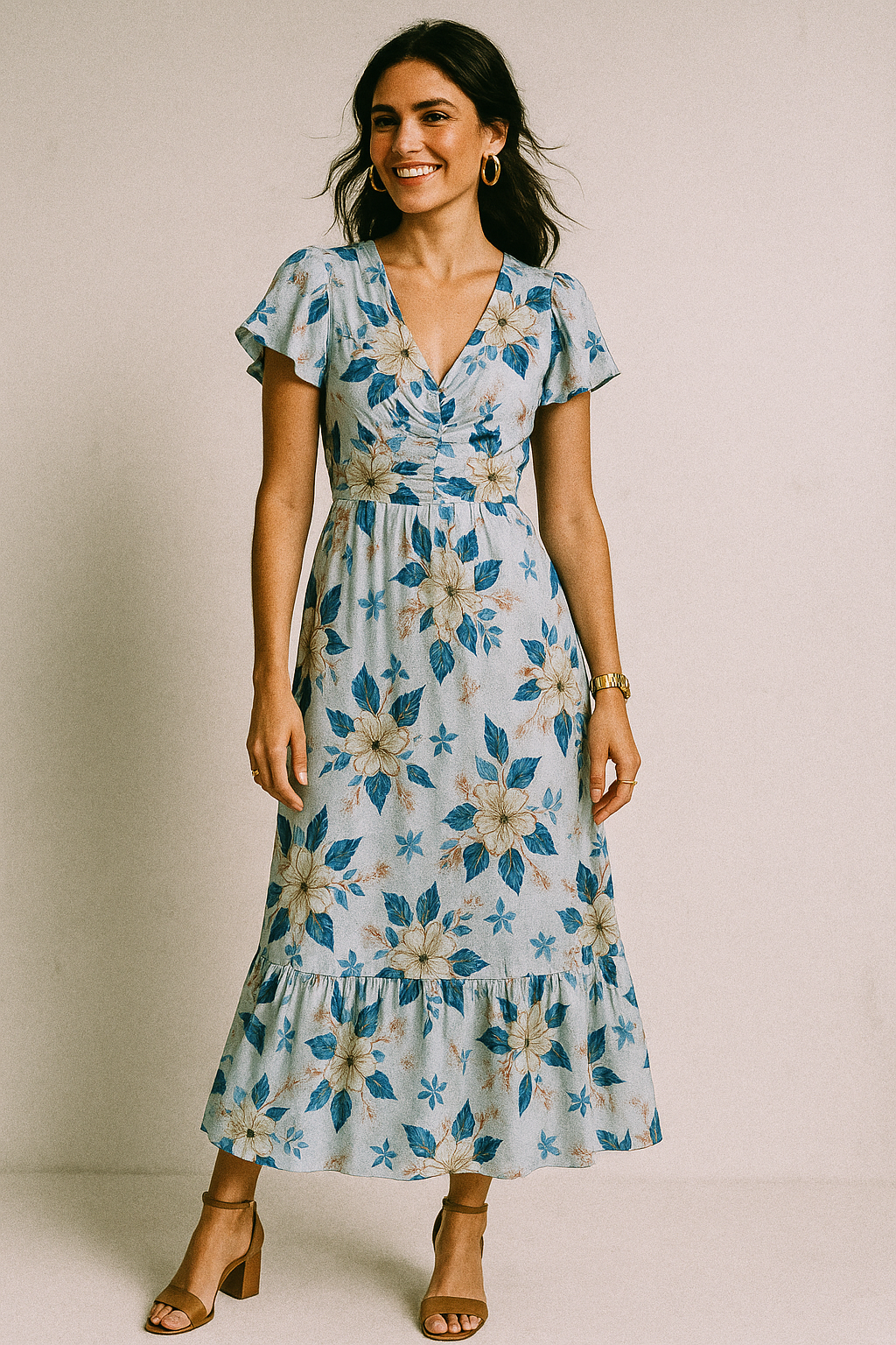 Flower On Ocean Blue Digital Printed Fabric - Crepe