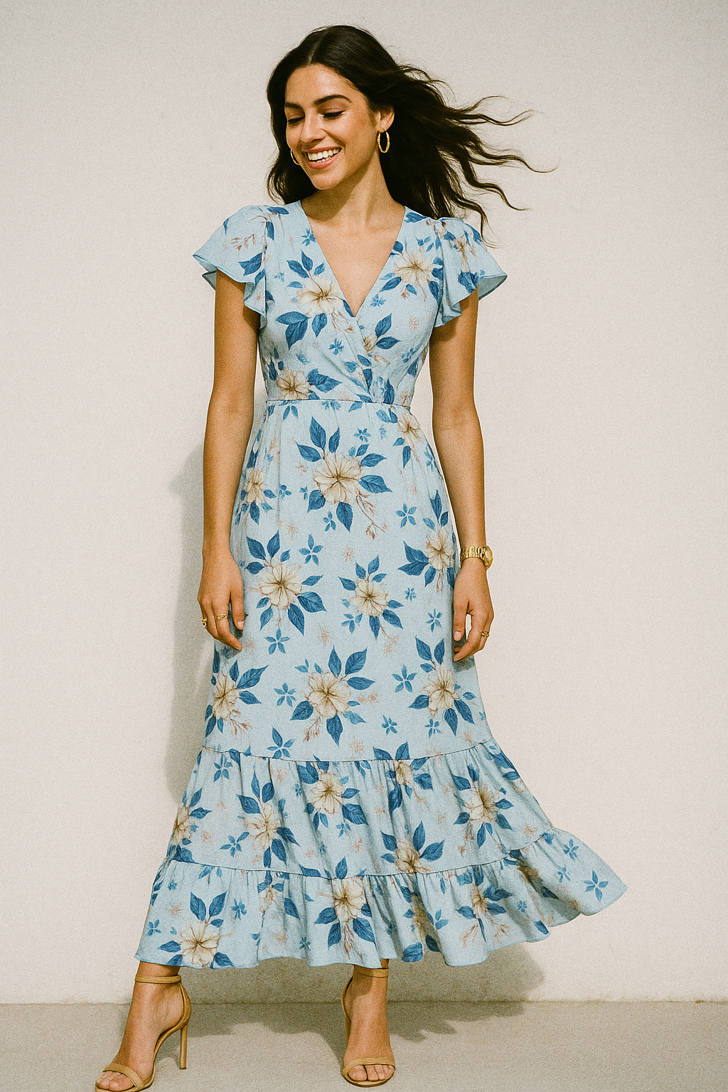 Flower On Ocean Blue Digital Printed Fabric - Crepe