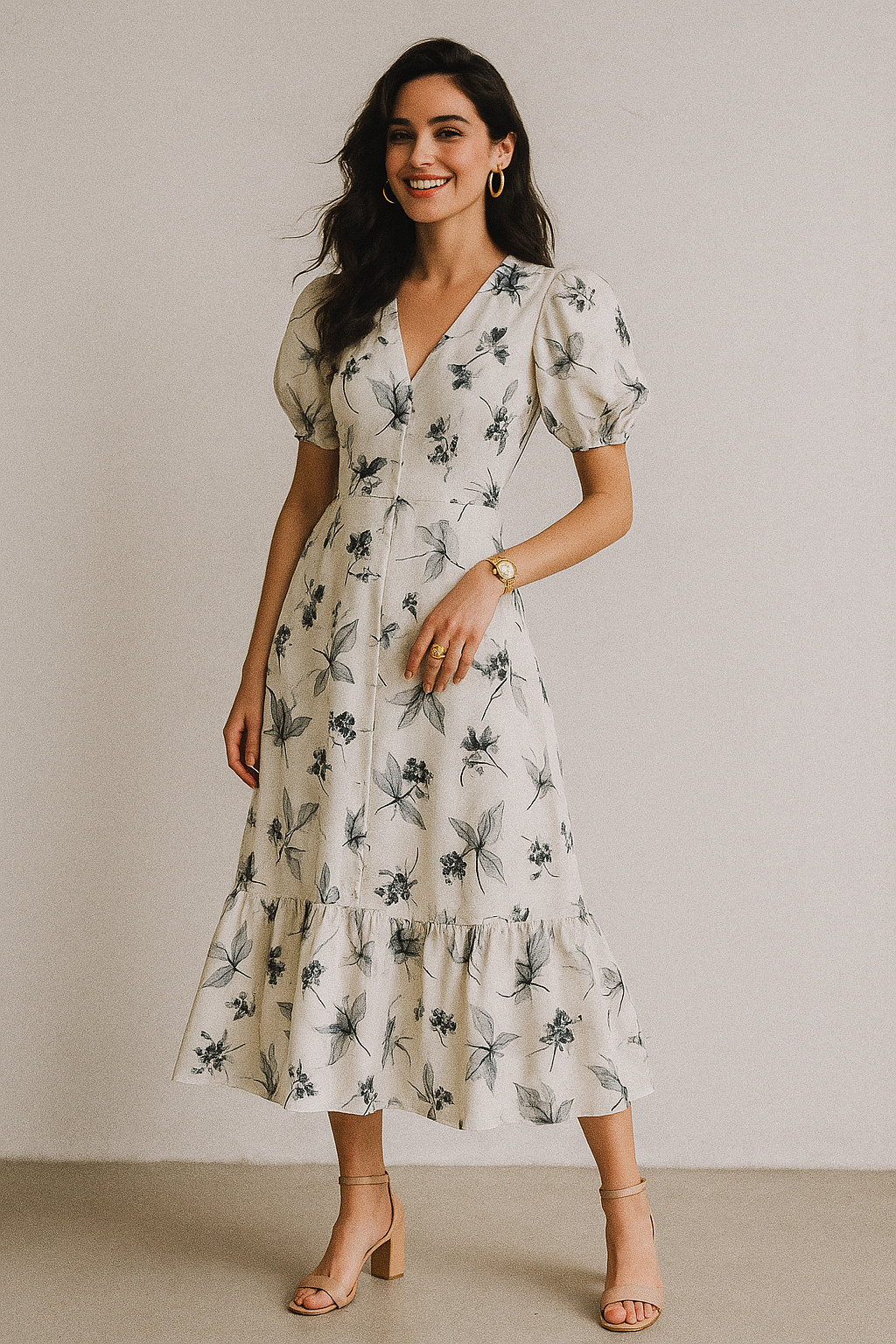 Black Floating Flowers Digital Printed Fabric - Crepe