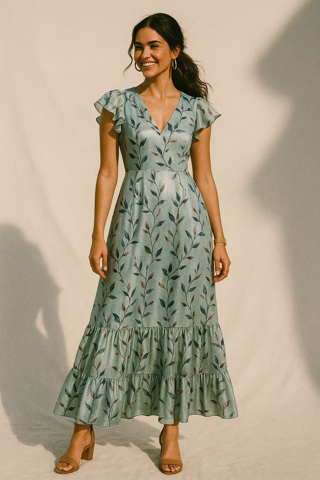 Bluish Thin And Light Leaves Digital Printed Fabric - Crepe