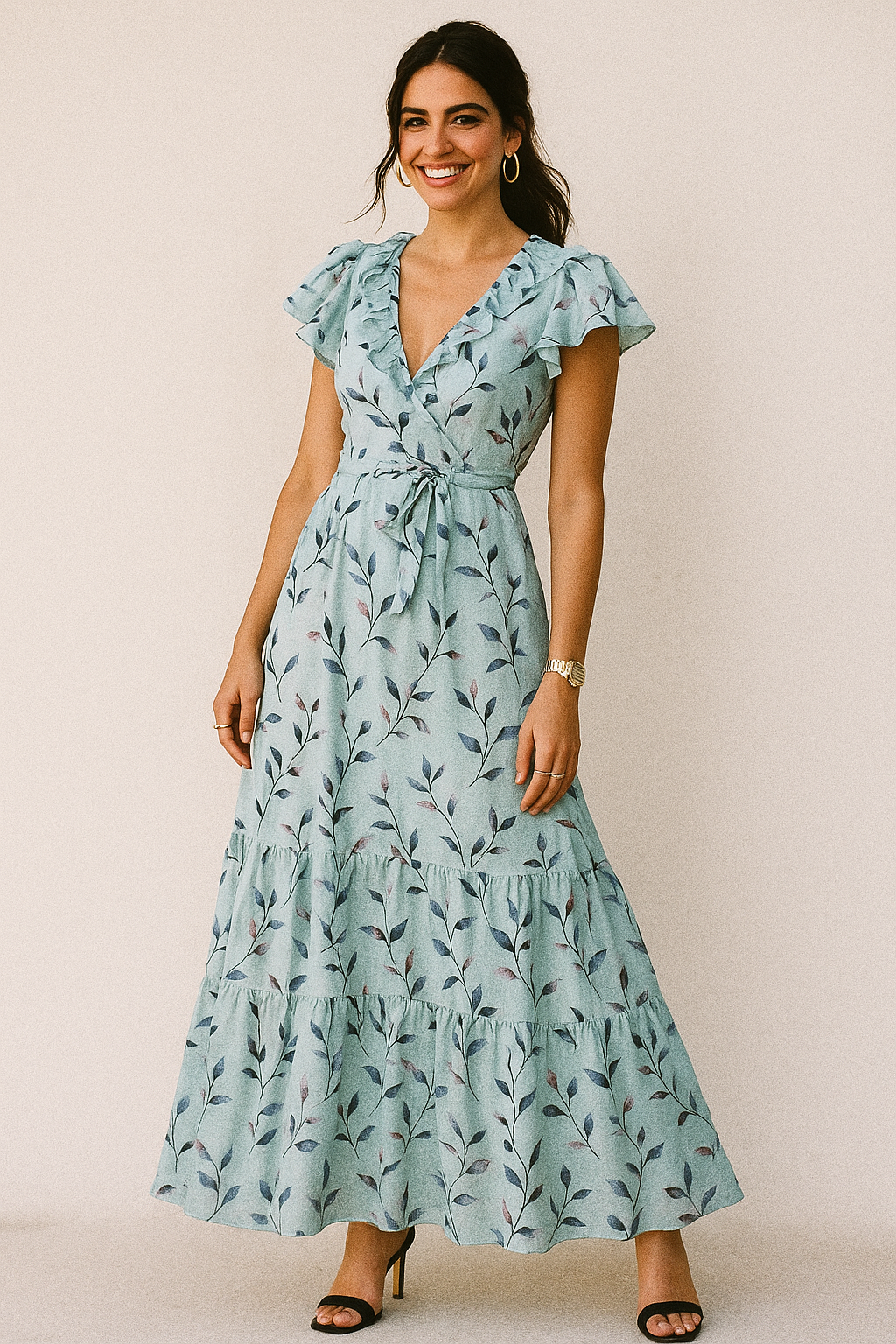 Bluish Thin And Light Leaves Digital Printed Fabric - Crepe