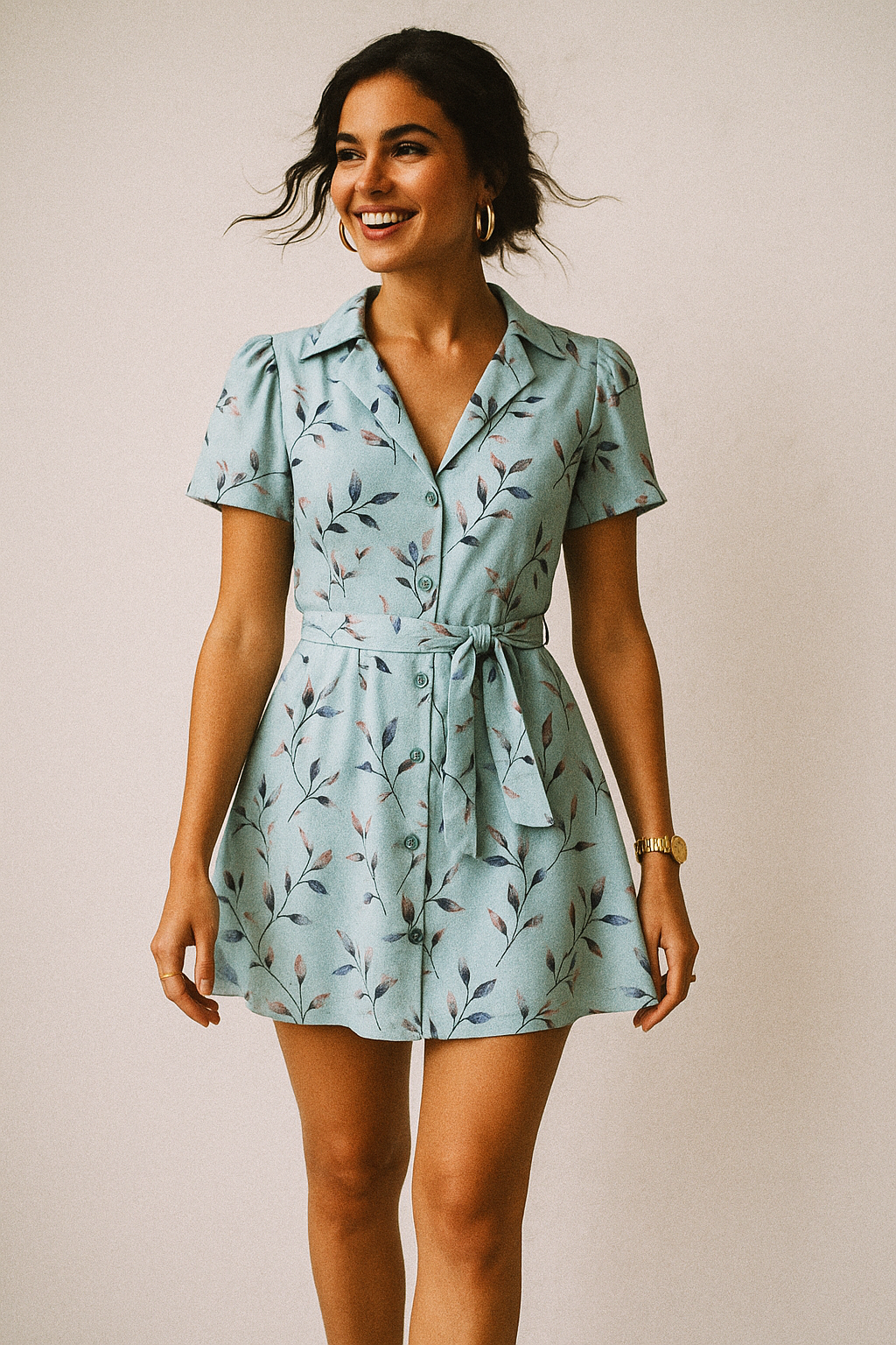 Bluish Thin And Light Leaves Digital Printed Fabric - Crepe