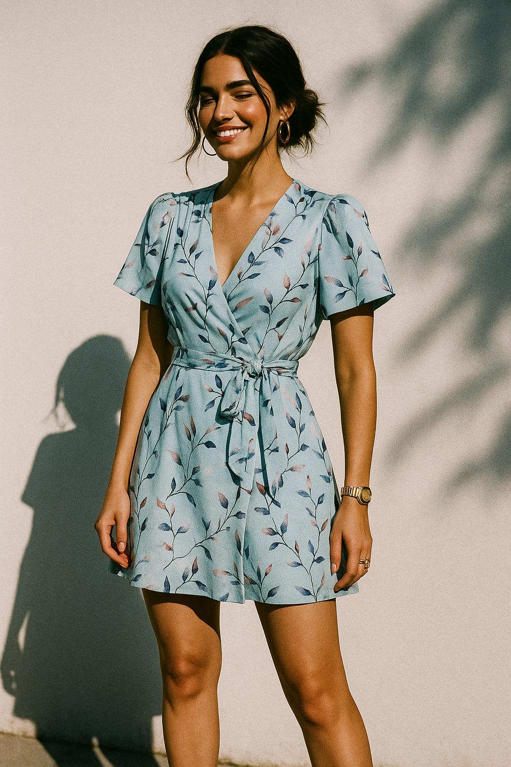 Bluish Thin And Light Leaves Digital Printed Fabric - Crepe