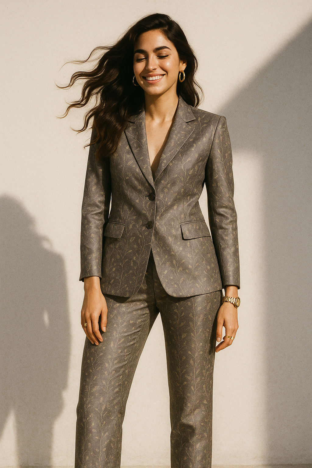 Brown Leaves With Stalk Digital Printed Fabric - Crepe