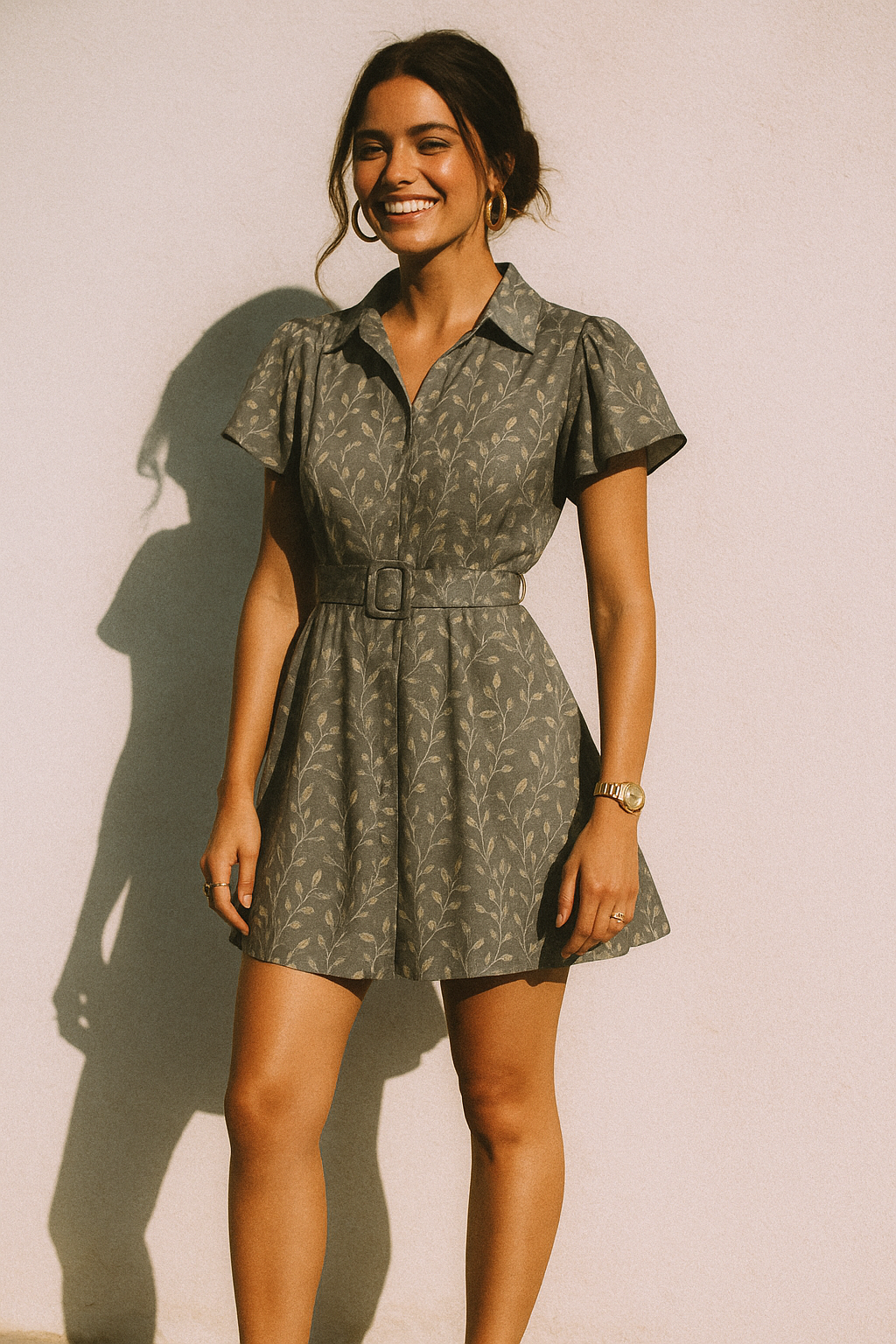 Brown Leaves With Stalk Digital Printed Fabric - Crepe