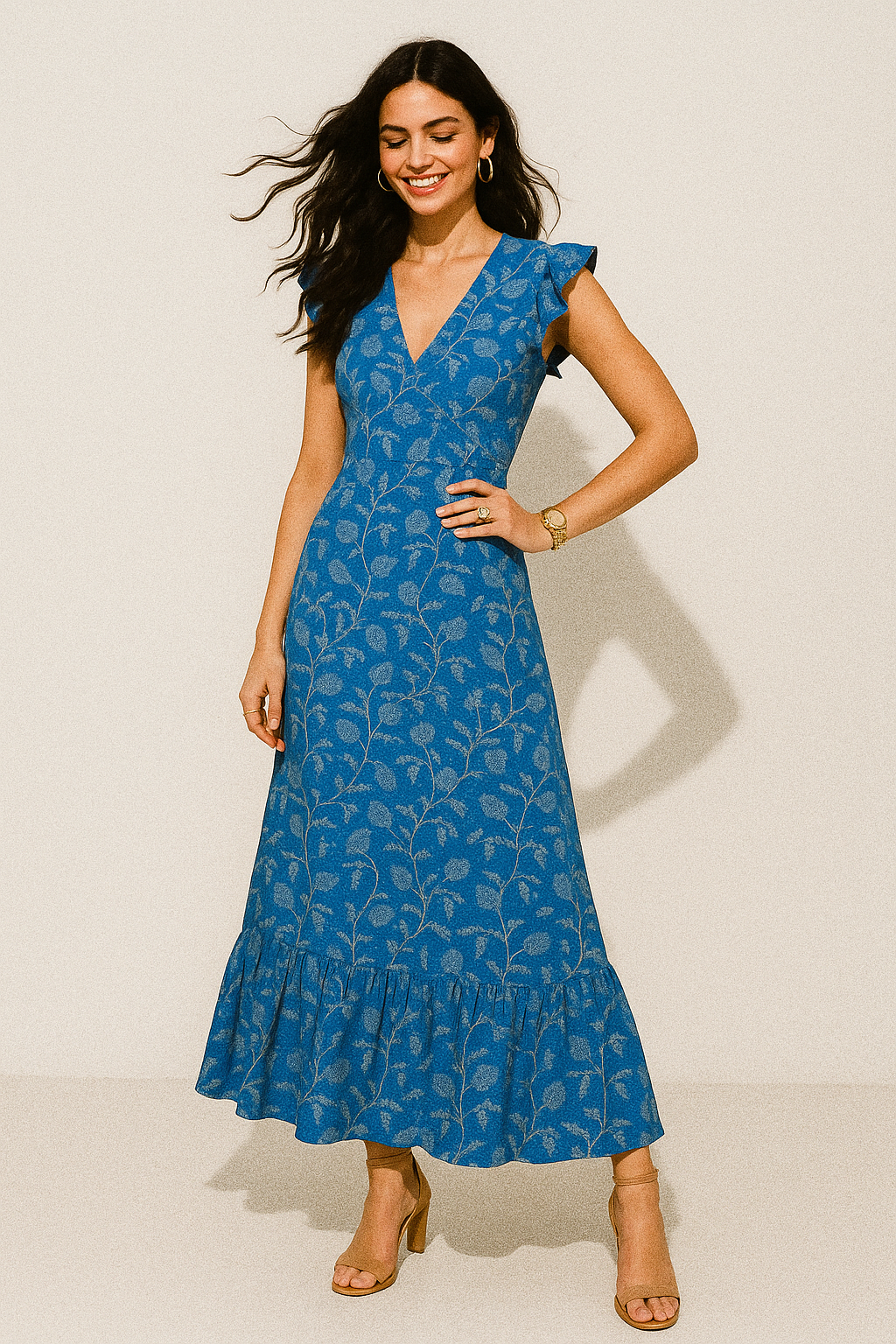 White Jasud Flower With Stalk Digital Printed Fabric - Crepe