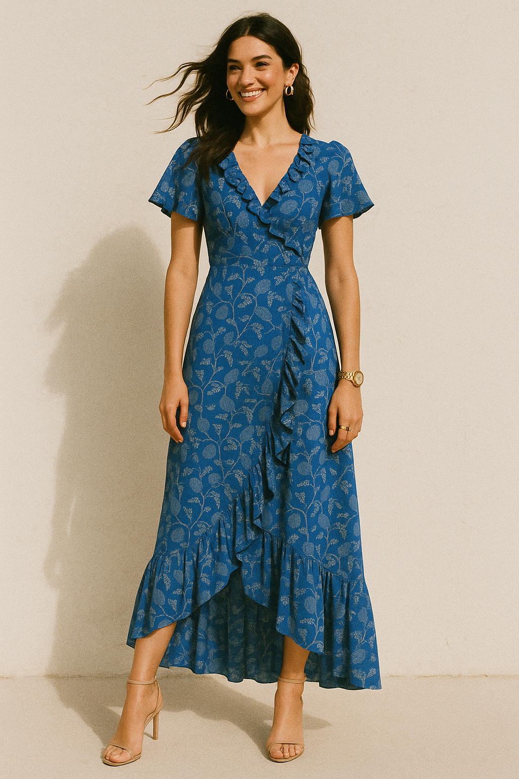 White Jasud Flower With Stalk Digital Printed Fabric - Crepe