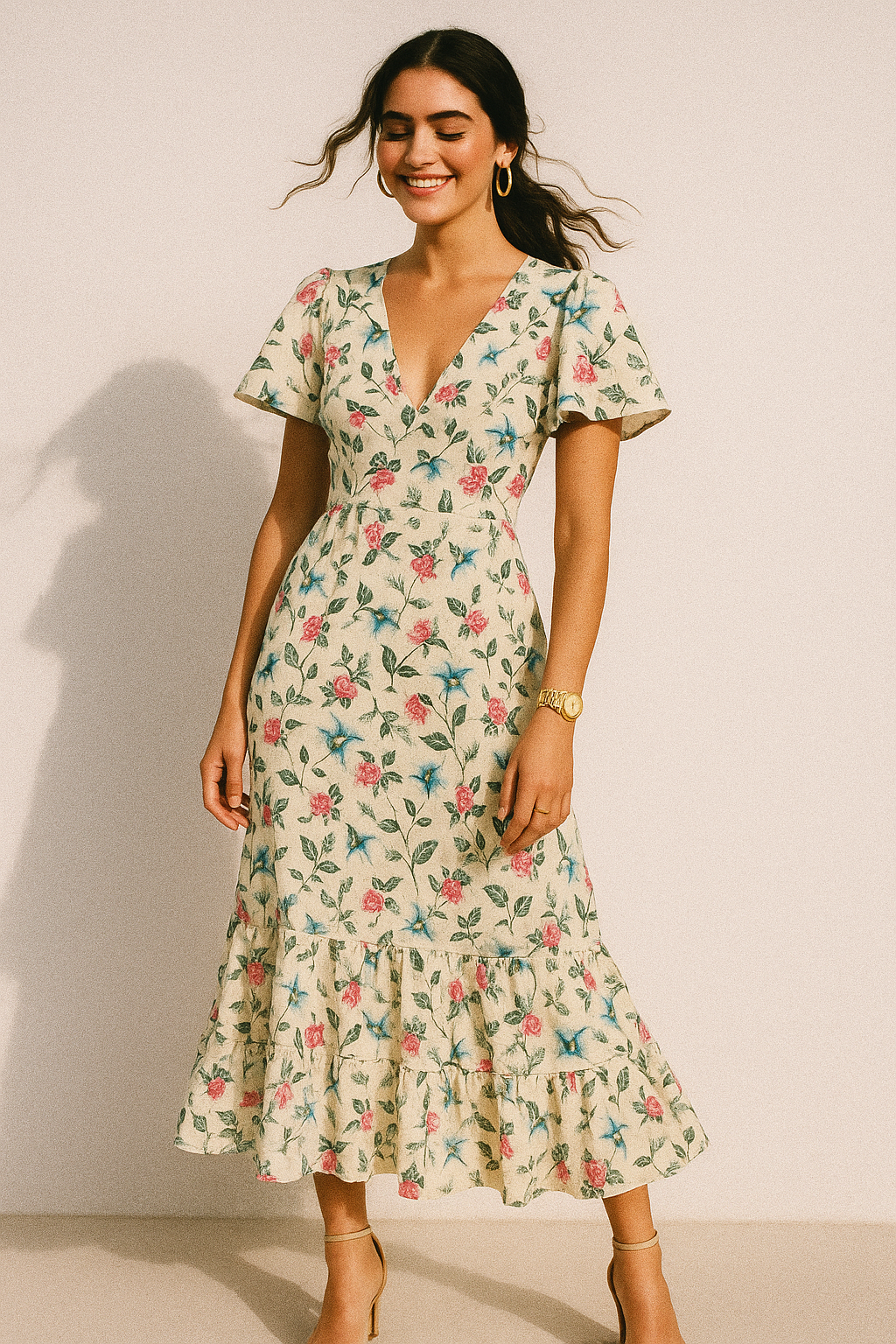 Flower With Olive Leaf Digital Printed Fabric - Crepe