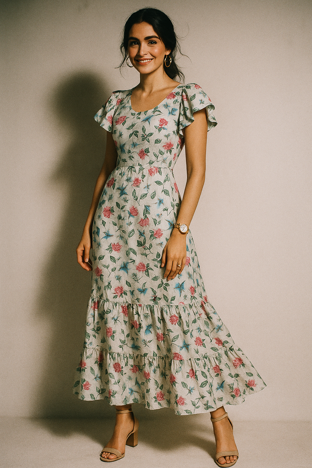 Flower With Olive Leaf Digital Printed Fabric - Crepe