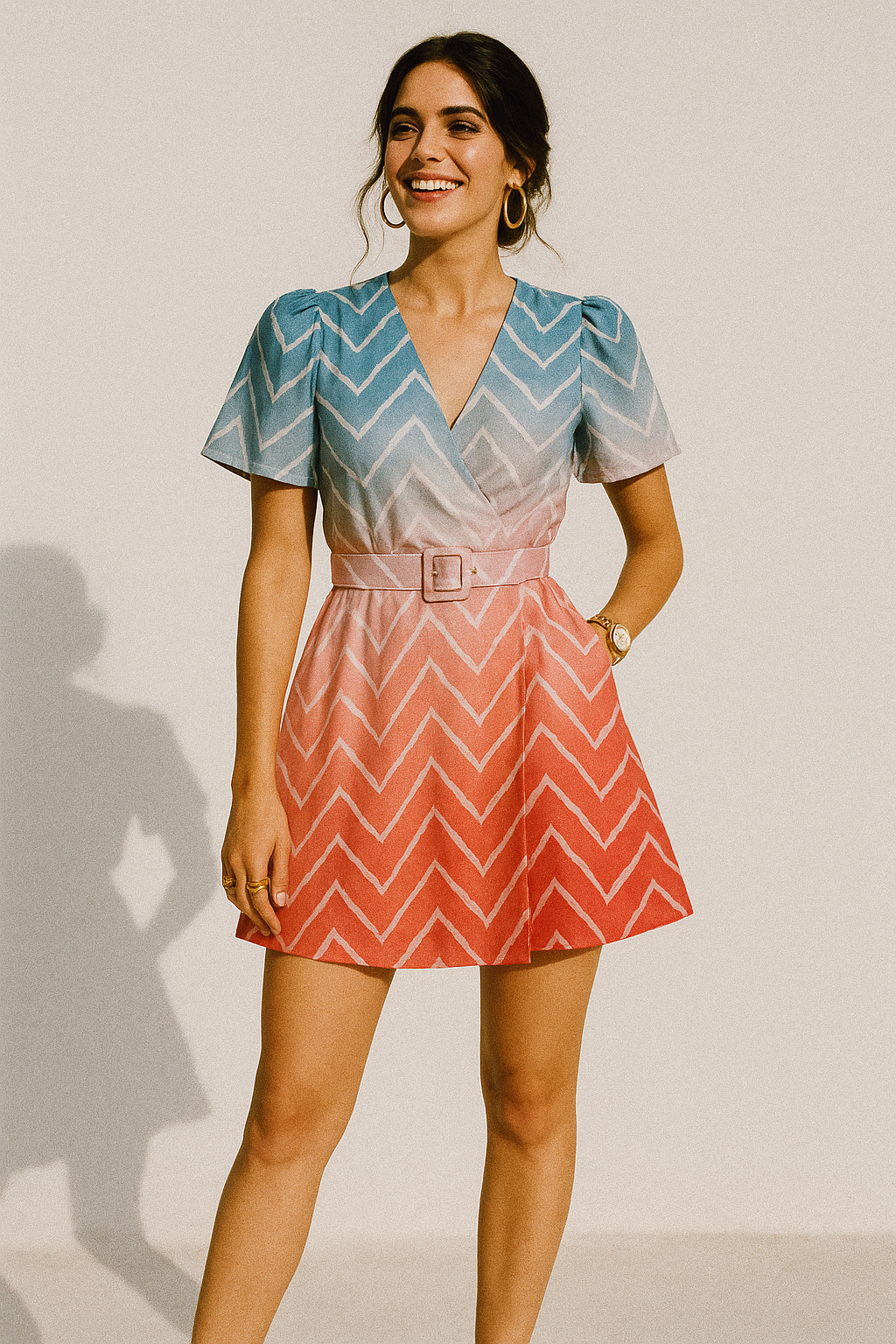 Zigzag Digital Printed Kora Silk Fabric in Multicolor