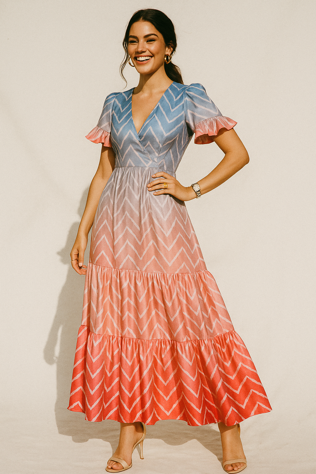 Zigzag Digital Printed Kora Silk Fabric in Multicolor