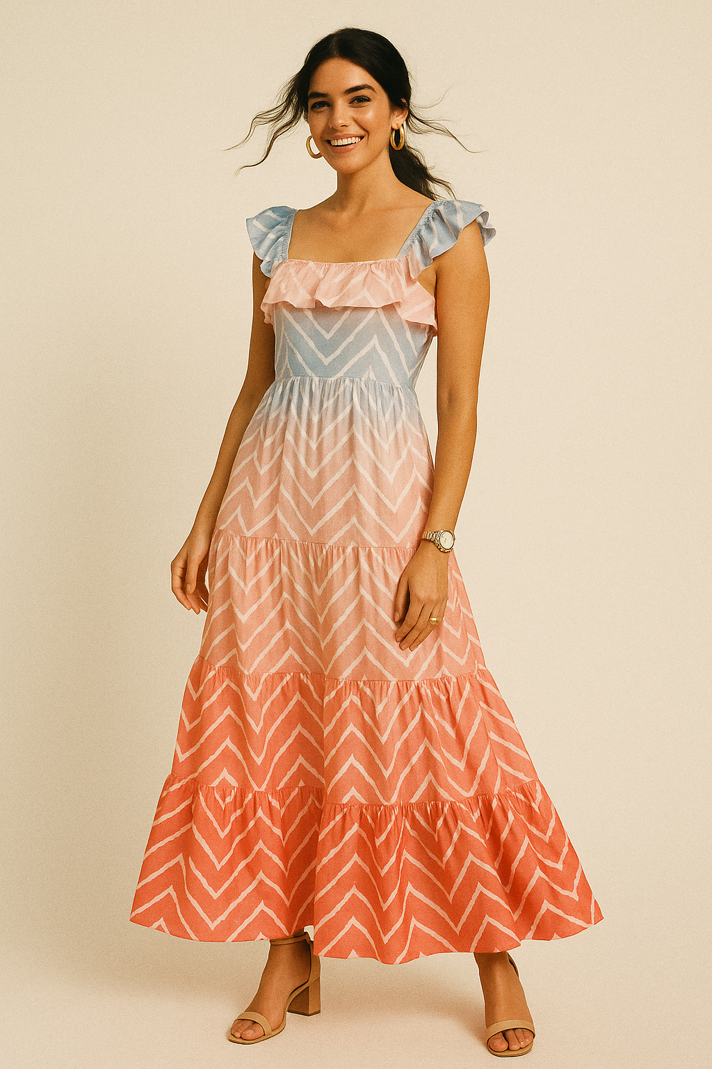 Zigzag Digital Printed Kora Silk Fabric in Multicolor