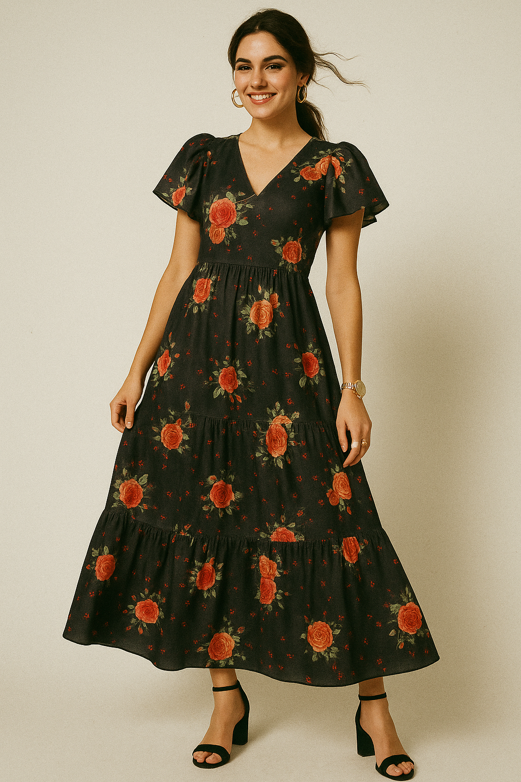 Most Trending Oranges With Red Rose Digital Printed Fabric - Kora Silk